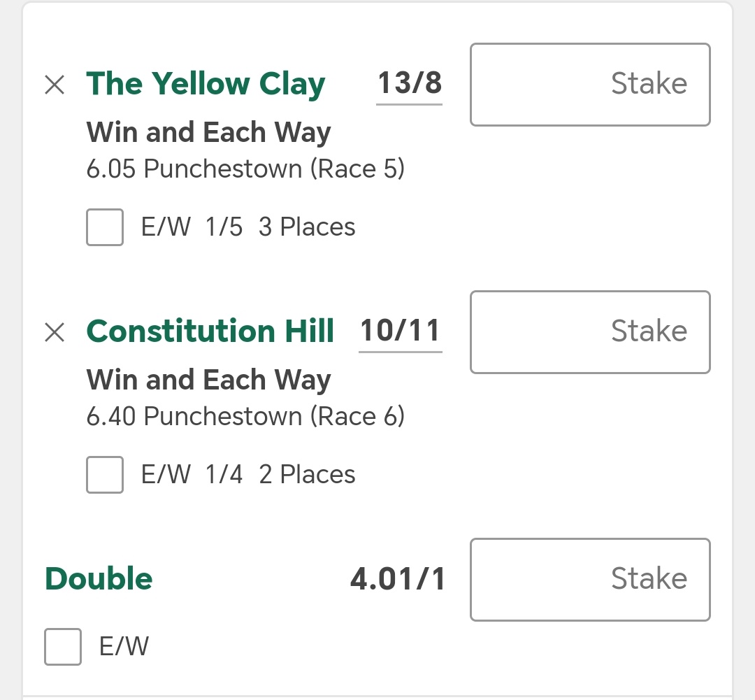 2 point win double for Punchestown Tomorrow

The Yellow Clay
Constitution Hill