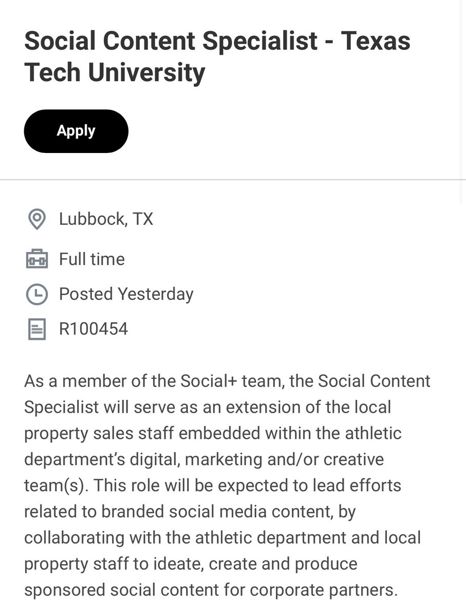 Ty Parker (@typarker41) on Twitter photo Another video position tied to <a href="/TechAthletics/">Texas Tech Red Raiders</a> is now open, this time with <a href="/Learfield/">LEARFIELD</a> Social+! 🎥
We’ve been fortunate to work with some really talented people in this role, most recently <a href="/rileymc_b/">Riley McMurray-Brennen</a>.
Come join the family in Lubbock!
learfield.wd5.myworkdayjobs.com/Learfield/job/… Another video position tied to <a href="/TechAthletics/">Texas Tech Red Raiders</a> is now open, this time with <a href="/Learfield/">LEARFIELD</a> Social+! 🎥
We’ve been fortunate to work with some really talented people in this role, most recently <a href="/rileymc_b/">Riley McMurray-Brennen</a>.
Come join the family in Lubbock!
learfield.wd5.myworkdayjobs.com/Learfield/job/…