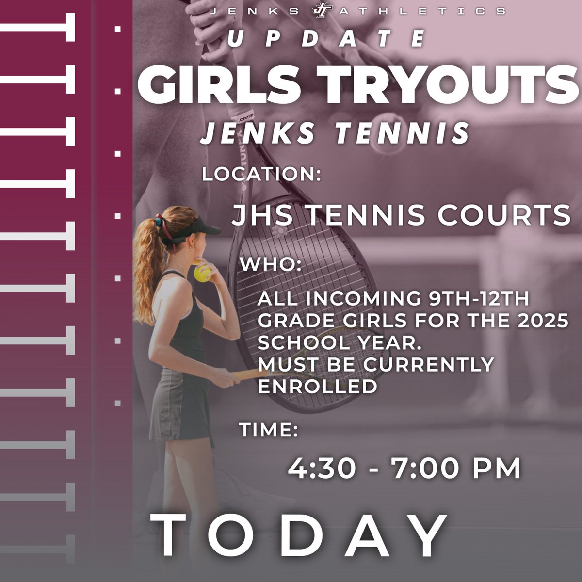 ‼️TRYOUT UPDATE‼️

Girls Tennis tryouts have been moved to TONIGHT. 

If you are already signed up to attend tonight’s mass physical at the school, please feel free to reach out to Jenks Athletics.