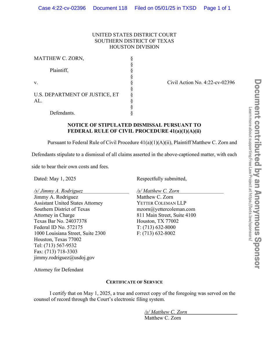 psy_cases's tweet image. New filing: &quot;Zorn v. Dep&apos;t of Justice (DEA flouts FOIA)&quot;
Doc #118: Stipulation of Dismissal

PDF: courtlistener.com/docket/6360214…

#CL63602147