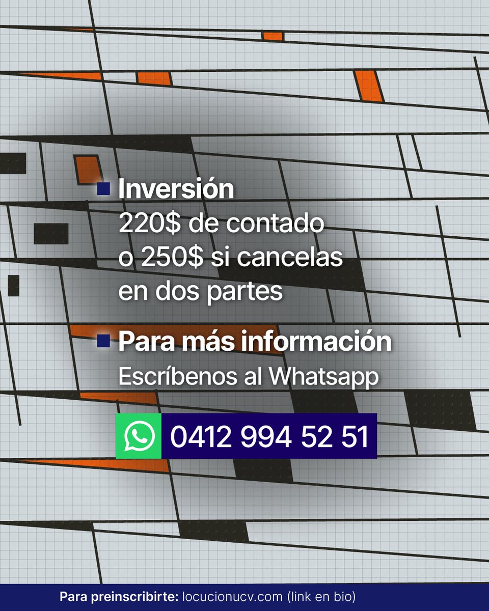Nuestro próximo curso de fines de semana
🗓️Fecha: Del 3 de mayo al 5 de julio
⌚Sábados y domingos de 8 am a 1 pm 
💻Modalidad: Clases virtuales en vivo a través de Zoom y Canvas
💲Inversión: 220$ de contado o 250$ si cancelas en partes
📱Preinscribete en: locucionucv.com