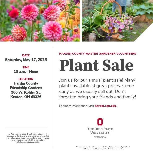 Mark your calendars for Saturday, May 17. The OSU Extension Master Gardener Volunteers will have their annual plant sale from 10 a.m. to noon at the Friendship Gardens. The Friendship Gardens are located behind the former HARCO Workshop building at 960 W. Kohler St. in Kenton.
