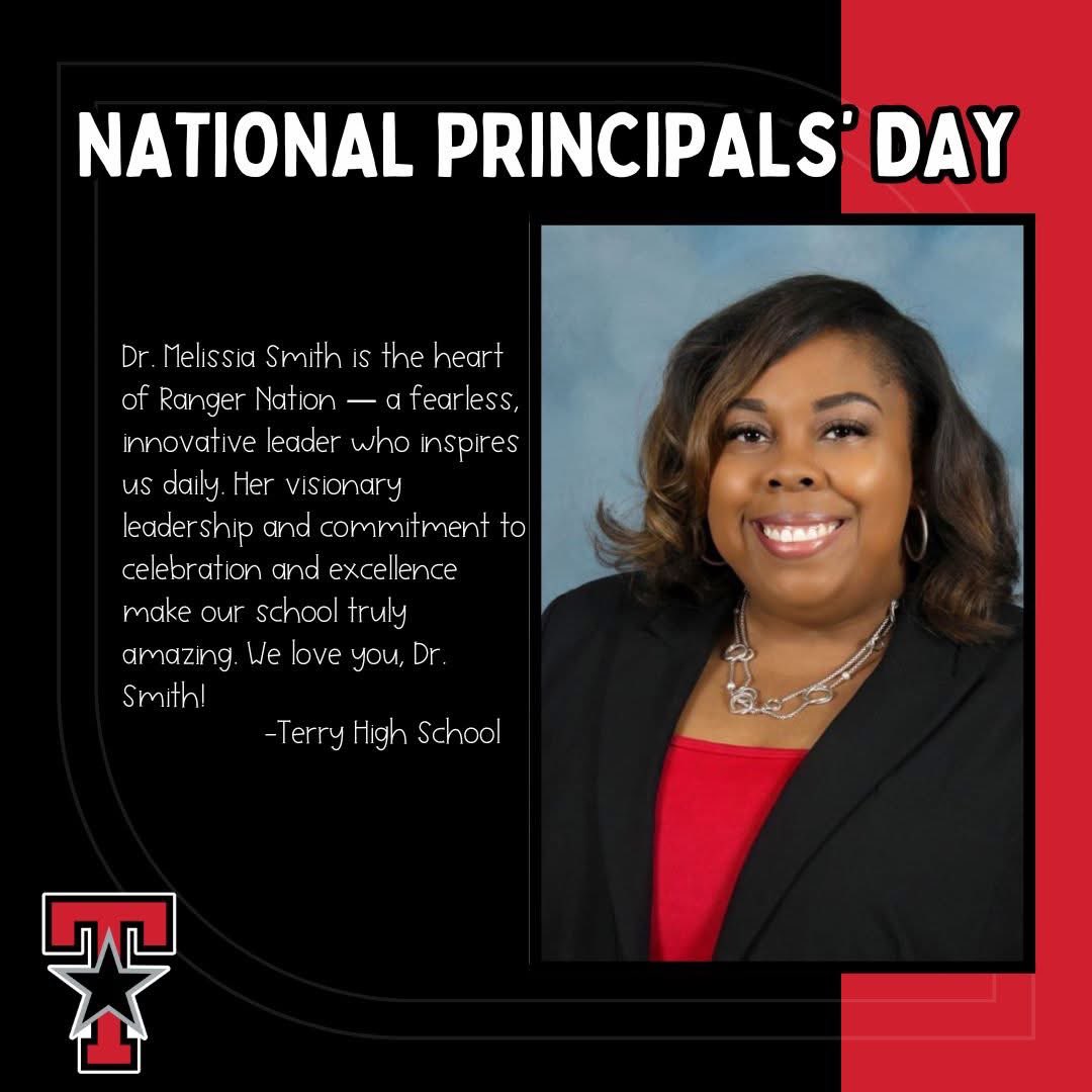 Happy National Principals' Day to our amazing leader, Dr. Melissia Smith! 

We are  beyond grateful for her fearless leadership, innovative spirit, and unwavering dedication to our students and staff. 

We love you and appreciate all the great things you do, Dr. Smith!