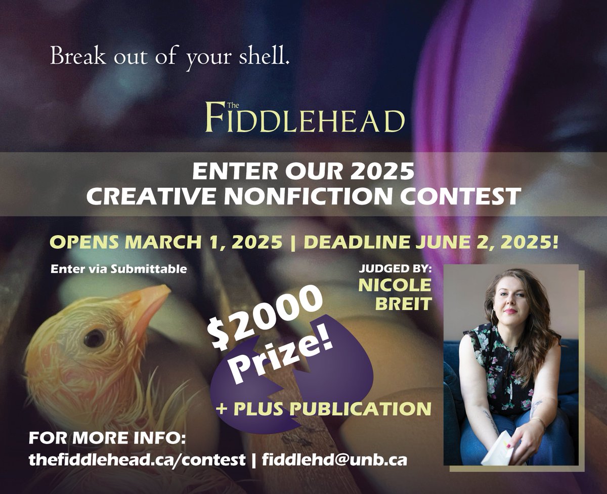 Hey, writers! The Fiddlehead's creative nonfiction competition is open now, deadline June 2! #writingcompetition #artsculturenb #creativenonfiction
12s