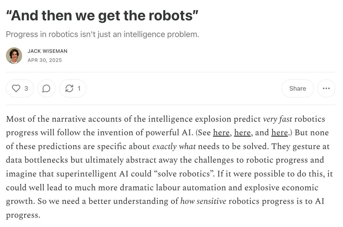 Narratives of the singularity (sit awareness, AI 2027 etc) assume it will be straightforward to "solve robotics" with powerful AI.

But they don't address the challenges in robotic R&amp;D.

To get robots that could automate 100% of human tasks, we'll need to improve the hardware.