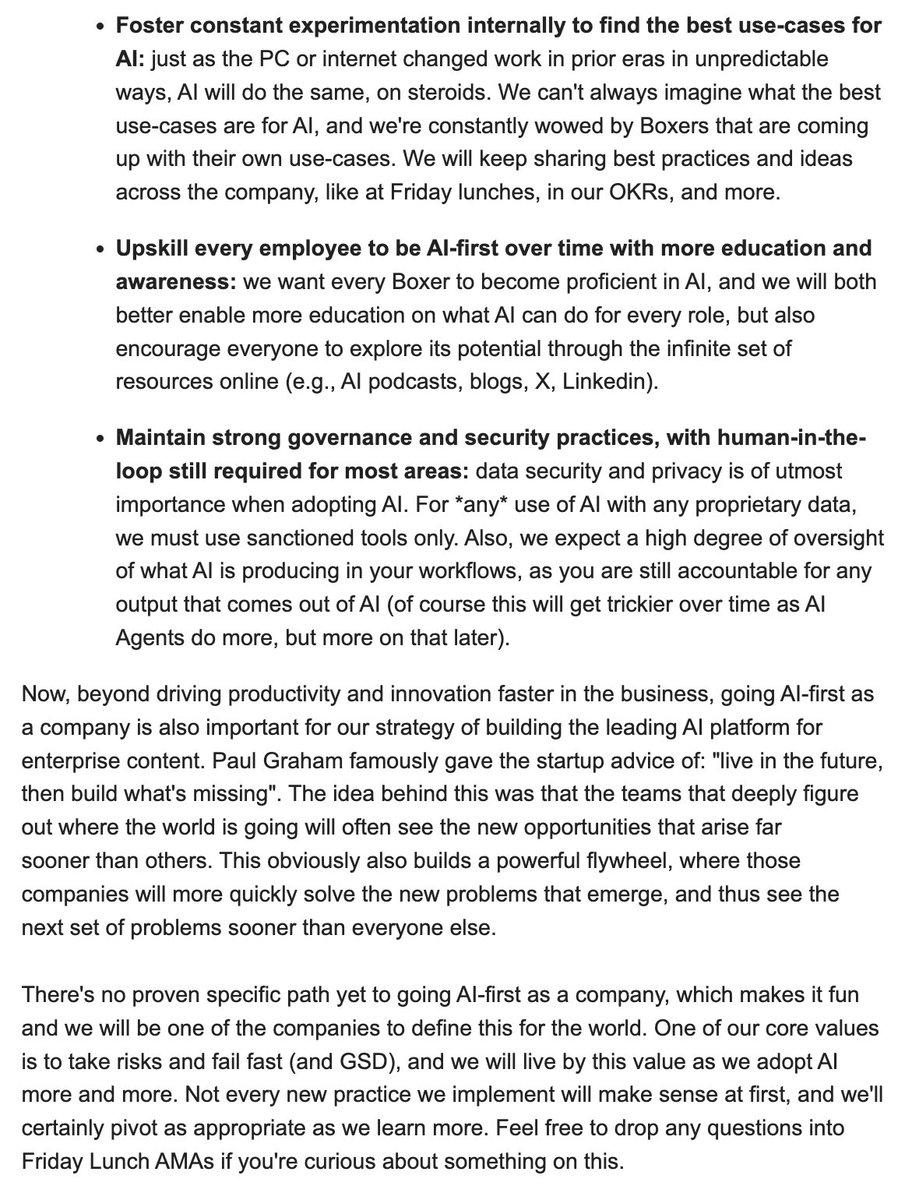 levie's tweet photo. Here’s what I shared with Box internally last night about being an AI-first company. We’re focused on transforming how we work with AI to ultimately move faster, iterate more quickly, get out of busy work, and serve customers better. https://t.co/1PH74k4Hfy
