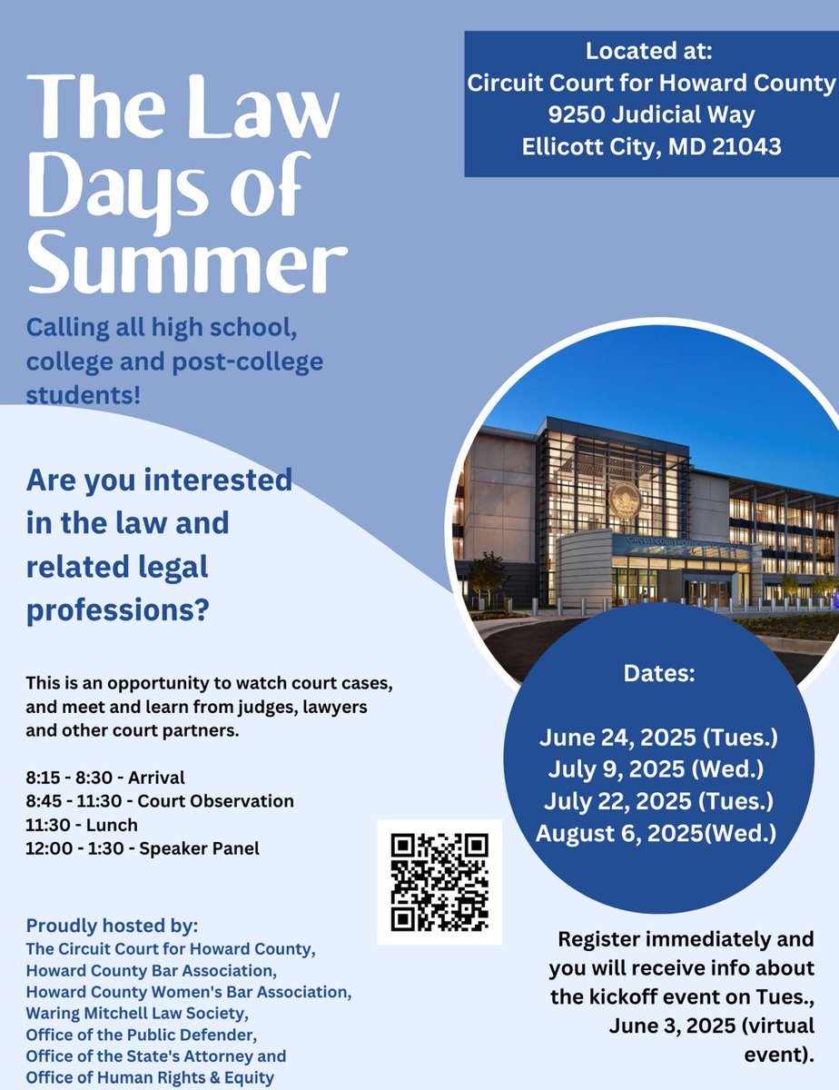 Are you curious about a career in law? Don’t miss the Law Days of Summer at the Howard County Circuit Courthouse!

📅 Sessions available in June, July, and August

🔗 Register now to secure your spot and explore what it takes to work in law, justice, and public service.