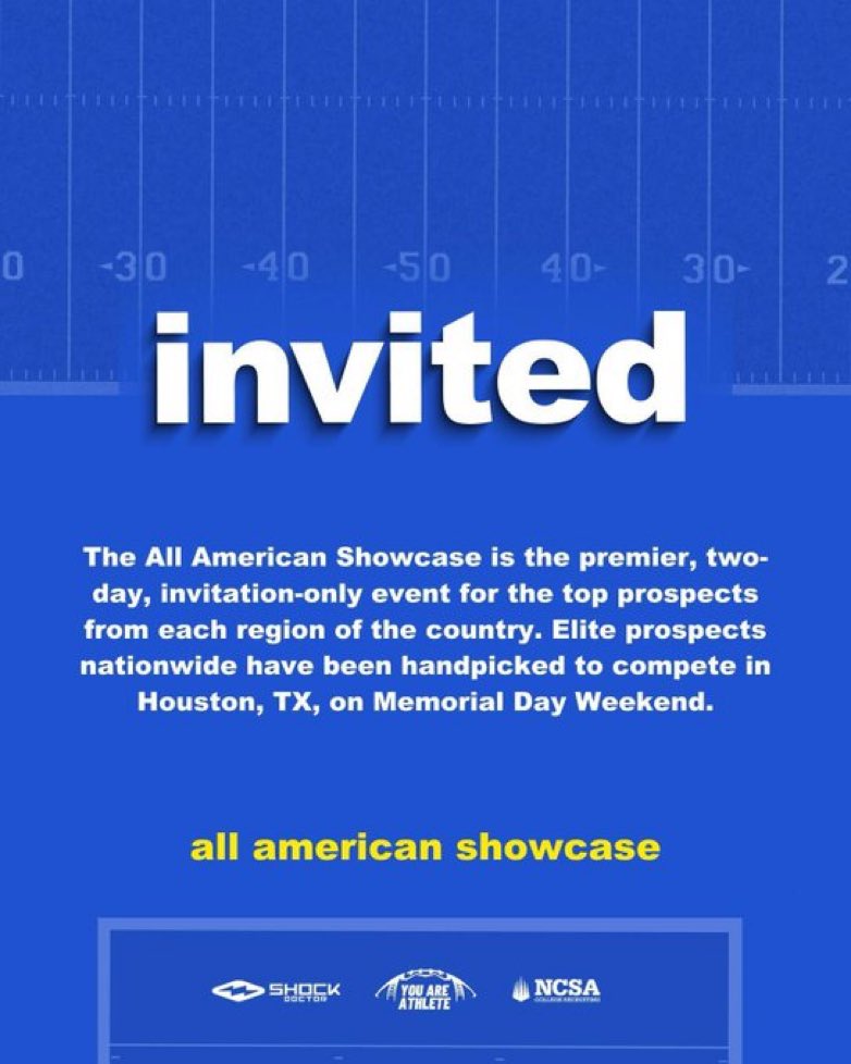 JacksonGraves26's tweet photo. So blessed to be invited to the All American Showcase. Praising god for the opportunities he has given me! 🎉
@PressPassSports @dctf @HoovM @CoachTyRocconi @CoachBehonick @LL7NV @ncsa @ExpoRecruits @ScholarshipPB https://t.co/oT2uxCX1u9
