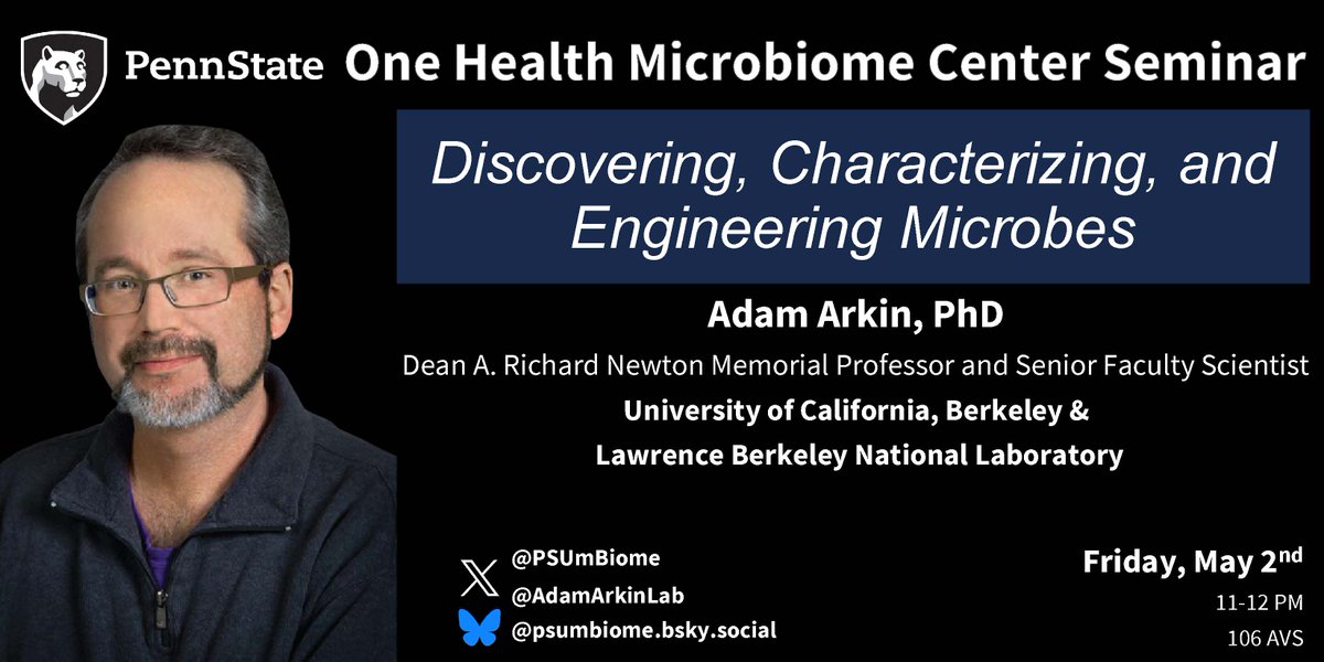 One Health Microbiome Center (@psumbiome) on Twitter photo 🦠Join us for our last Seminar of the semester at 11 AM tomorrow (Fri, May 2).
Dr. Adam Arkin (<a href="/AdamArkinLab/">AdamArkin_Lab</a>) from <a href="/BerkeleyLab/">Berkeley Lab</a> & <a href="/UCBerkeley/">UC Berkeley</a> will talk about his synthetic biology research focused on discovering, characterizing, and engineering microbes!🤖
DM us for the link. 🦠Join us for our last Seminar of the semester at 11 AM tomorrow (Fri, May 2).
Dr. Adam Arkin (<a href="/AdamArkinLab/">AdamArkin_Lab</a>) from <a href="/BerkeleyLab/">Berkeley Lab</a> & <a href="/UCBerkeley/">UC Berkeley</a> will talk about his synthetic biology research focused on discovering, characterizing, and engineering microbes!🤖
DM us for the link.