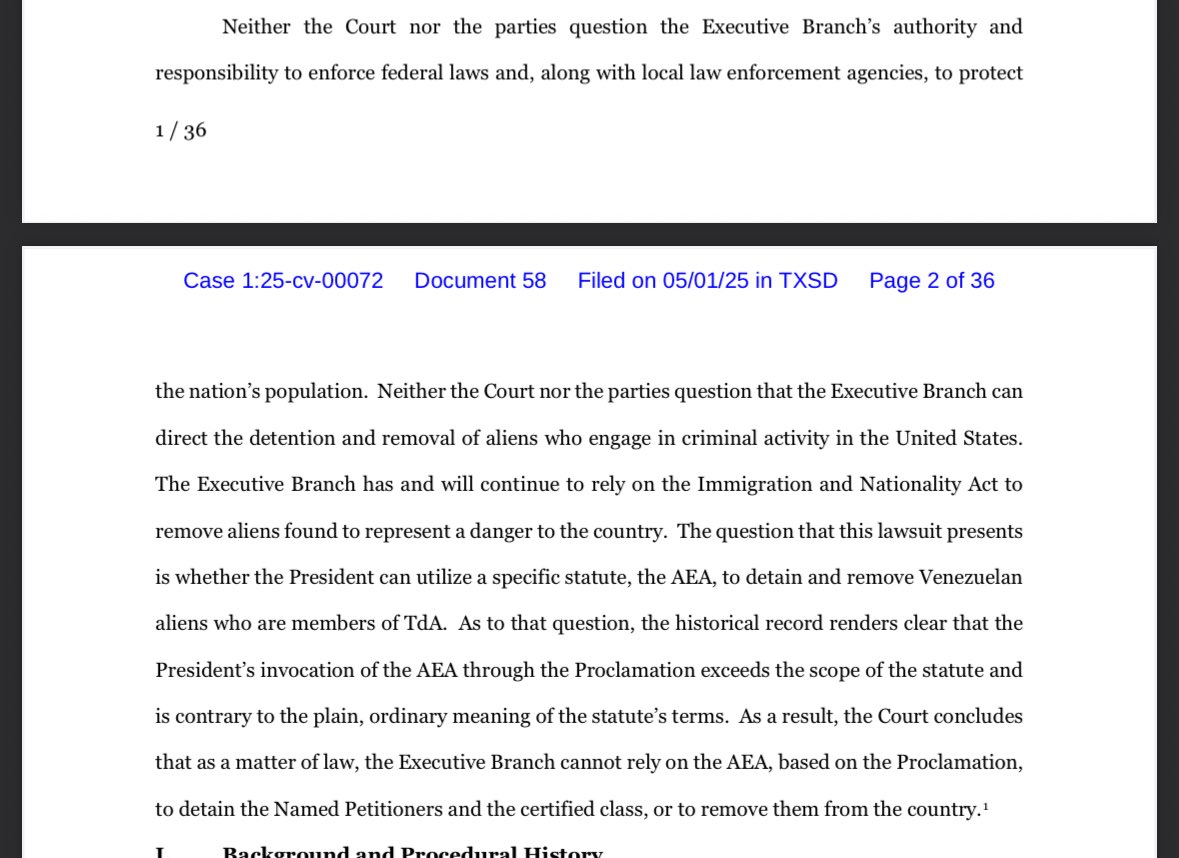NEW: a federal district court judge in Texas (appointed by Trump) joins a growing chorus of judges to declare that Trump’s invocation of the Alien Enemies Act is ILLEGAL.

He bars the Trump admin from using the law against any person detained in the Southern District of Texas.