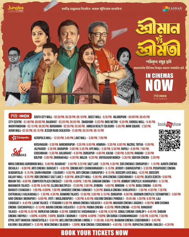 WB_BoxOffice's tweet photo. ‘শ্রীমান VS শ্রীমতী’ - HALL LIST IS HERE: Team #ShreemanVSShreemati published the opening week #HallList.
⭐️ Film opened at 91 cinemas and 135 shows *today*.
Online Ticket Booking 🔗: https://t.co/8cjKWMN07a

#MithunChakraborty #AnjanDutt #AnjanaBasu #PathikritBasu #KahhakStudios https://t.co/0RfF5ErhDI