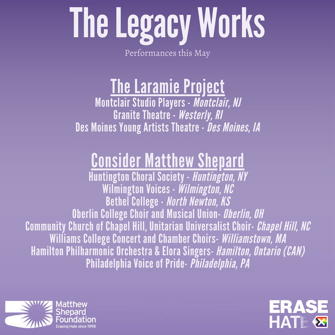 Please join us in celebrating the local artists and communities raising their voices to share Matthew’s story in May.

To request resources for your production, please visit the Legacy Works link in our bio.

#erasehate #thelaramieproject #consideringmatthewshepard