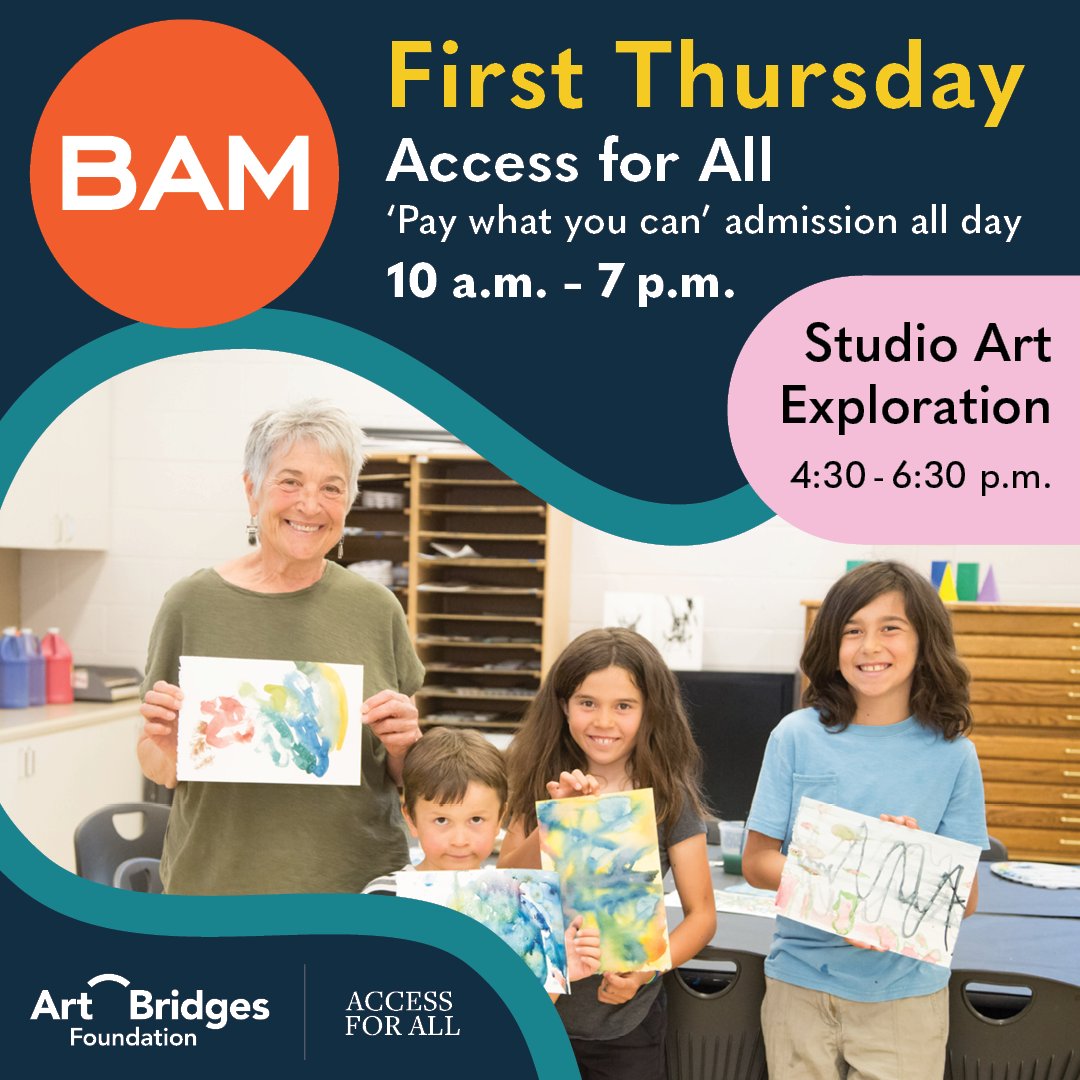 Find inspiration &amp; get creative at BAM during 1st Thursday today! Admission is “pay what you can,” &amp; the Museum is open until 7 pm to allow access for all. Experience BAM’s current exhibitions, with drop-in artmaking from 4:30–6:30 p.m.🎨Generous support provided by #artbridges