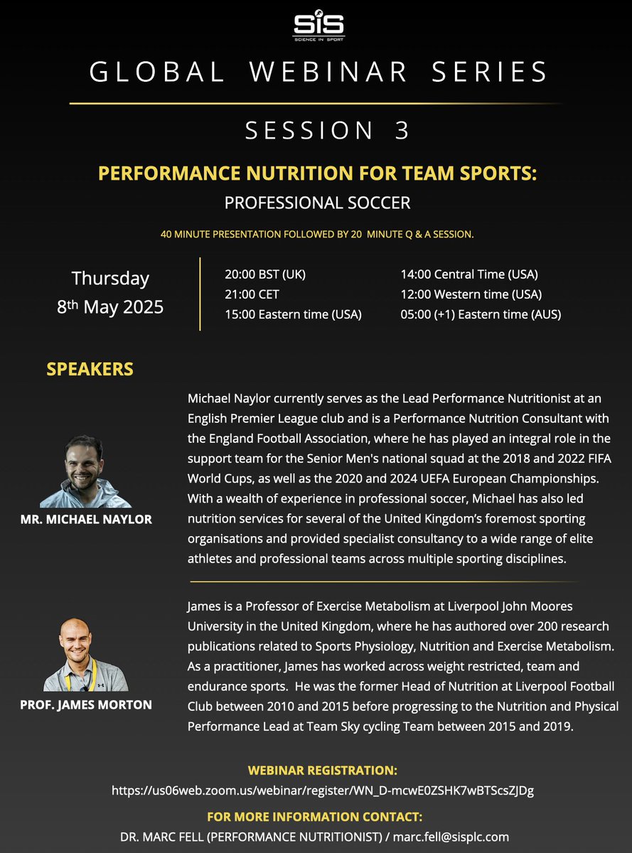 Marc Fell (@marcfell1) on Twitter photo 🔔 Session 3 of the <a href="/ScienceinSport/">Science in Sport</a> Webinar Series coming up!
The theory and practice of delivering performance nutrition strategies in professional soccer! ⚽️💥
📆 Thurs 8th May
🌍 Global times in picture
🎙️ <a href="/MichaelJNaylor/">Michael Naylor</a> <a href="/JamesyMorton/">James Morton</a>
Register: us06web.zoom.us/webinar/regist… 🔔 Session 3 of the <a href="/ScienceinSport/">Science in Sport</a> Webinar Series coming up!
The theory and practice of delivering performance nutrition strategies in professional soccer! ⚽️💥
📆 Thurs 8th May
🌍 Global times in picture
🎙️ <a href="/MichaelJNaylor/">Michael Naylor</a> <a href="/JamesyMorton/">James Morton</a>
Register: us06web.zoom.us/webinar/regist…
