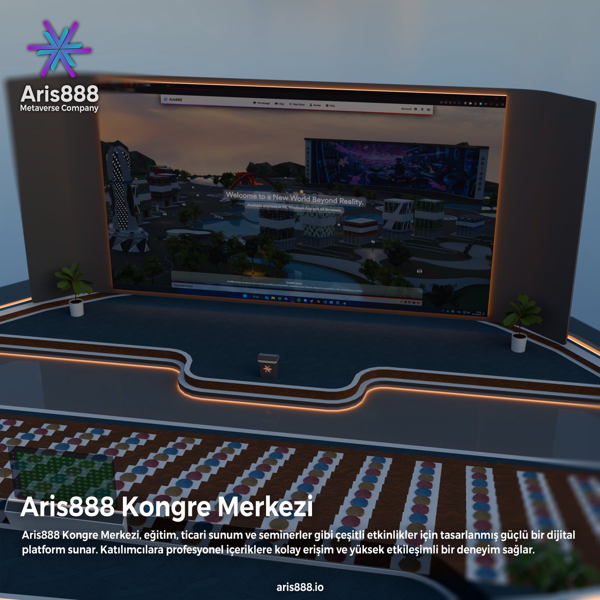 Aris888 Congress Center offers digitally equipped halls with advanced technology for trainings, business presentations, and seminars. Its interactive structure provides participants with a true congress experience.

#metaverse #congress #center #virtual #aris888