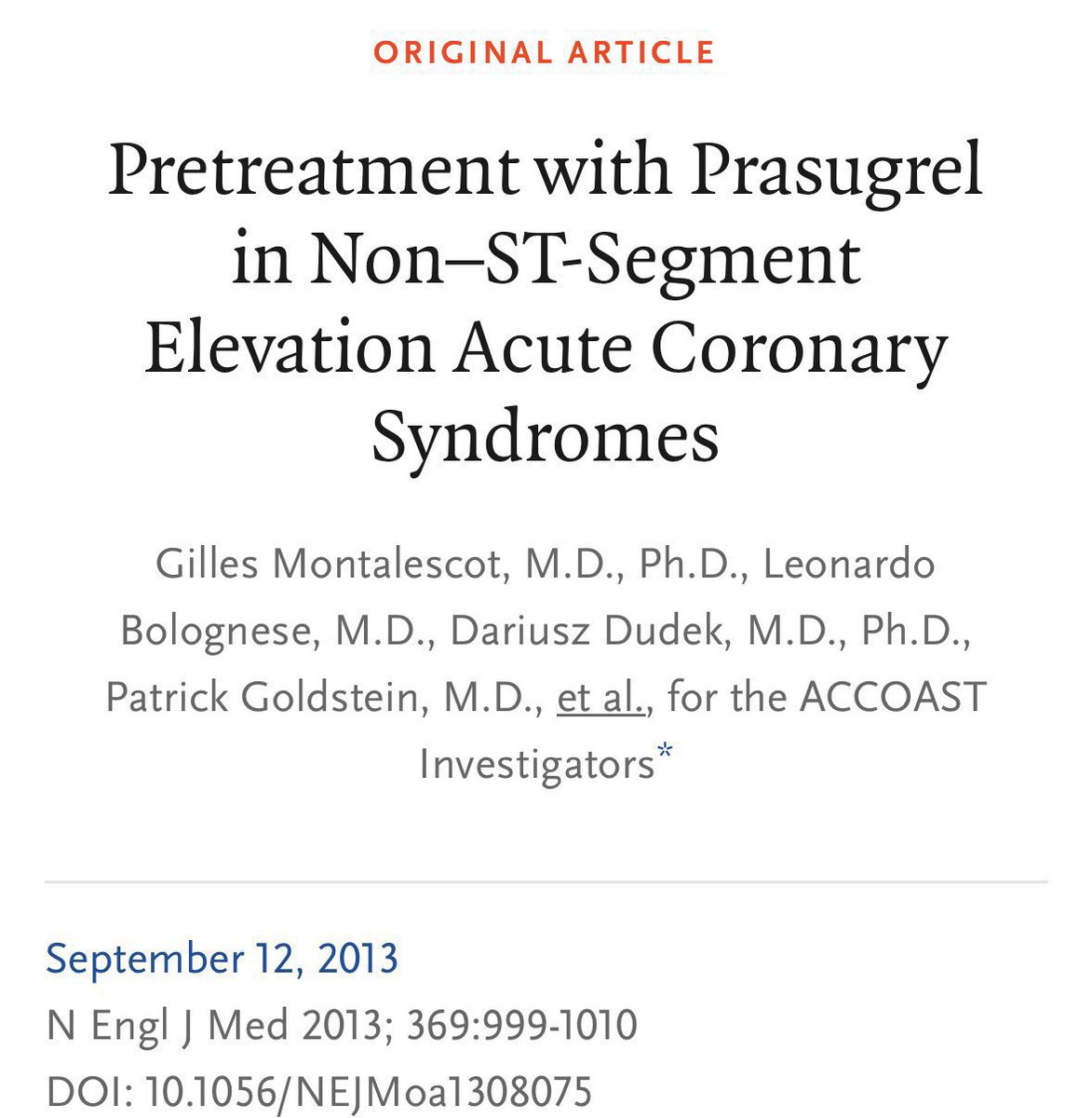 Pretreating ACS with prasugrel before delineating coronary anatomy in the cath lab? Increases bleeding WITHOUT a difference in ischemic events. Waiting for anatomy via cath is a standard specific to prasugrel (unlike other P2Y12i) following this trial. ACCOAST Trial, NEJM 2013 ♥️
