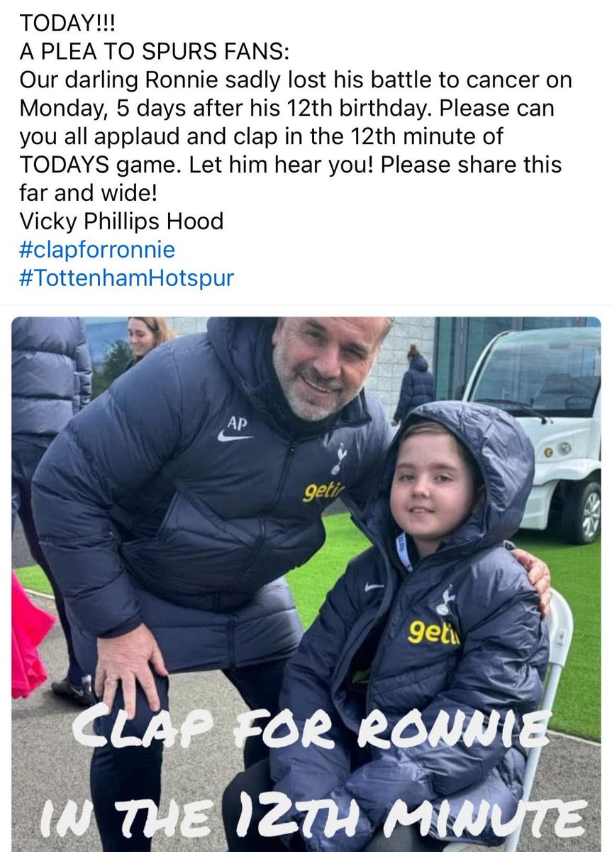 Please clap for Ronnie #thfc fans in the 12th minute tonight. 🤍🤍🤍🤍🤍🤍🤍