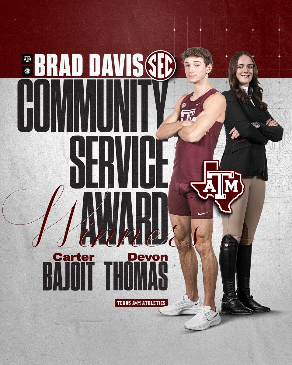 Texas A&M Athletics (@12thman) on Twitter photo ๐๐ซ๐๐ ๐๐๐ฏ๐ข๐ฌ ๐๐จ๐ฆ๐ฆ๐ฎ๐ง๐ข๐ญ๐ฒ ๐๐๐ซ๐ฏ๐ข๐๐ ๐๐ฐ๐๐ซ๐ ๐๐ข๐ง๐ง๐๐ซ๐ฌ ๐คฉ
๐ Carter Bajoit, <a href="/aggietfxc/">Texas A&M Track & Field/Cross Country</a>
๐ Devon Thomas, <a href="/AggieEquestrian/">Texas A&M Equestrian</a>
โ aggi.es/3EAdBLX
#GigEm | <a href="/SEC/">Southeastern Conference</a> ๐๐ซ๐๐ ๐๐๐ฏ๐ข๐ฌ ๐๐จ๐ฆ๐ฆ๐ฎ๐ง๐ข๐ญ๐ฒ ๐๐๐ซ๐ฏ๐ข๐๐ ๐๐ฐ๐๐ซ๐ ๐๐ข๐ง๐ง๐๐ซ๐ฌ ๐คฉ
๐ Carter Bajoit, <a href="/aggietfxc/">Texas A&M Track & Field/Cross Country</a>
๐ Devon Thomas, <a href="/AggieEquestrian/">Texas A&M Equestrian</a>
โ aggi.es/3EAdBLX
#GigEm | <a href="/SEC/">Southeastern Conference</a>