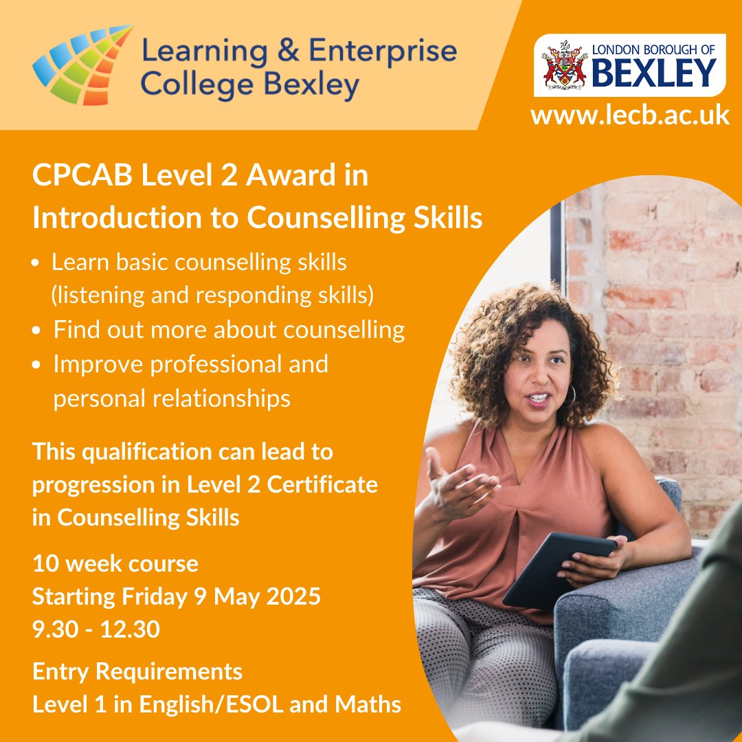 There's still time to enrol on our CPCAB Level 2 Award Introduction to Counselling Skills course, which starts on Friday 9 May. 

To find out more or to enrol, please contact our team on 020 3045 5176.

#Bexley #LECBexley #LECB #AdultLearning #AdultEducation #CounsellingSkills