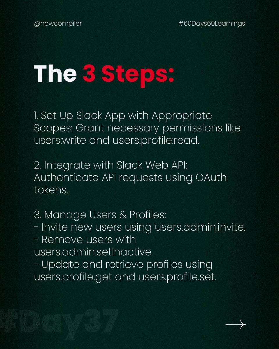 NowCompiler's tweet image. Take control of your Slack workspace in 3 simple steps: Integrate, configure, and automate user management seamlessly. 🚀📊 #TechSolutions #SlackAPI #DeveloperTools #WorkspaceEfficiency #NowCompiler