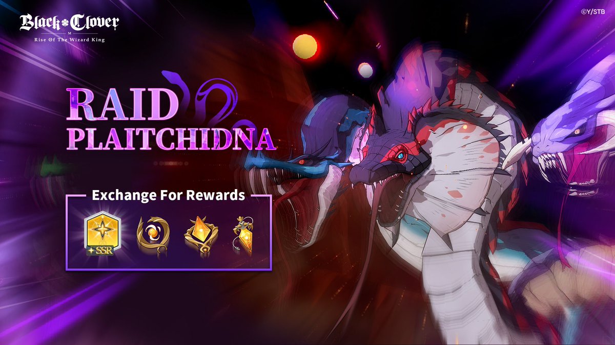 bclover_mobileg's tweet image. Raid Boss Alert - Plaitchidna 🚨
Warning... Plaitchidna has emerged from the depths! Defeat Plaitchidna in exchange for rewards to strengthen your Mages.
📅 Event Time: 2025/5/1 04:00 ~ 2025/5/8 03:59 (Server Time)
#BlackClover #BlackCloverM #RiseOfTheWizardKing #Garena