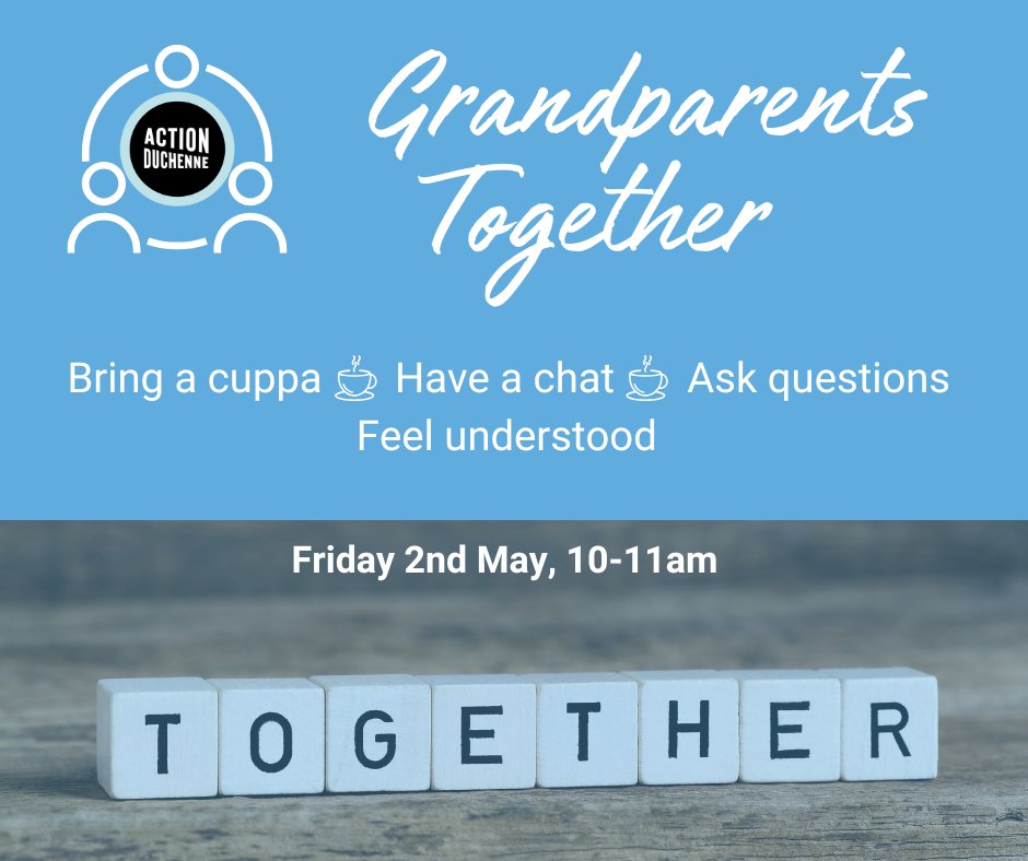 Don't forget that it's our group for Duchenne grandparents TOMORROW (Friday 2nd May) at 10am. We'd love to see you there. 
REGISTER: bit.ly/ADGPTogether
#grandparentstogether #support community