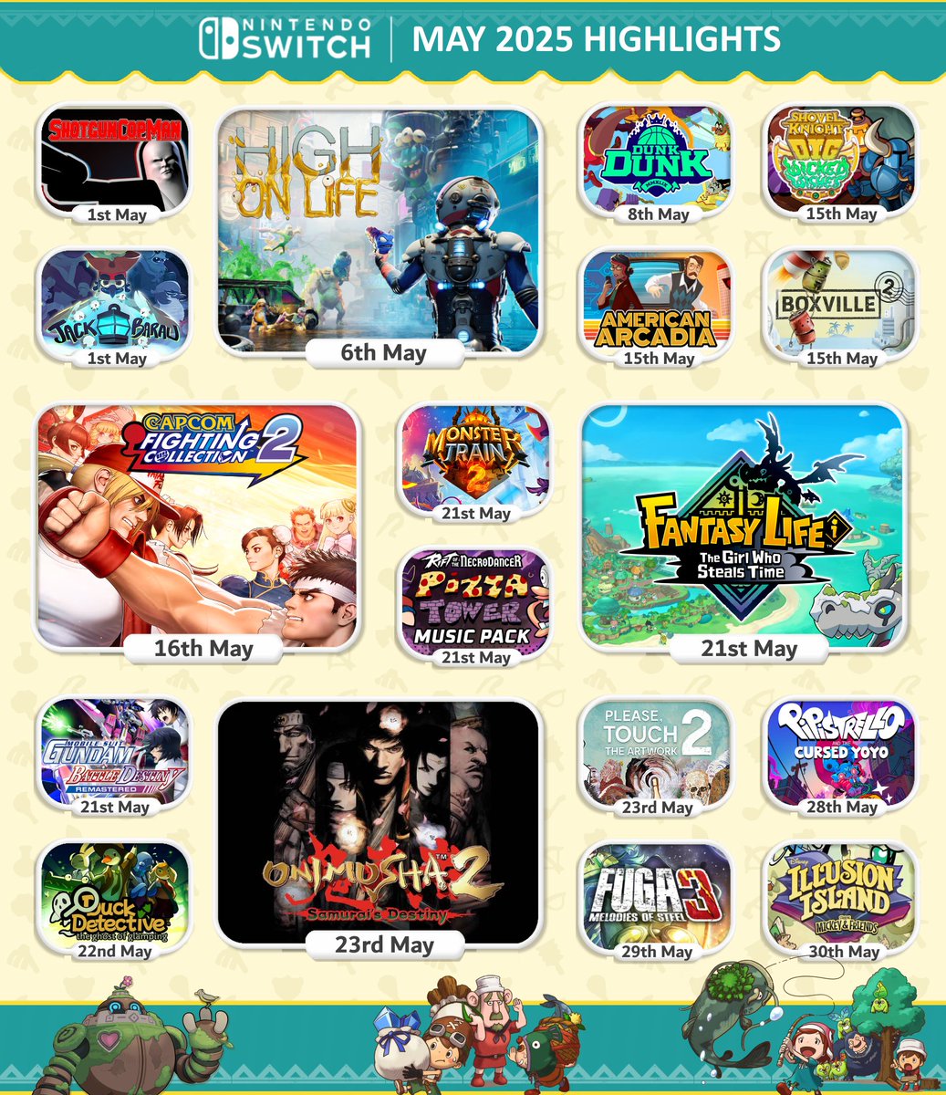 Nintendo_SW's tweet photo. 🗓️🎮 It's a new month of #NintendoSwitch games. Here's what's out in May 2025. What's on your wishlist

#HighOnLife #CapcomFightingCollection2 #FantasyLifei #Onimusha2 #MonsterTrain2 #Boxville2 #ShotgunCopMan #DunkDunk #AmericanArcadia #FugaMelodiesofSteel3 #DuckDetective https://t.co/ELwPNU5GwA