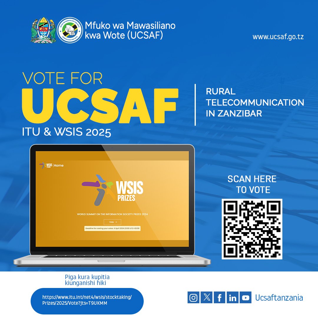 JINSI YA KUPIGA KURA Skani ama tumia link hii👇kujisajili na kupiga kura.
itu.int/net4/wsis/stoc…
KIPENGELE CHA MRADI: AL C2. INFORMATION INFRASTRUCTURE

JINA LA MRADI: RURAL TELECOMMUNICATION IN ZANZIBAR- ▶️Kisha VOTE FOR THIS PROJECT.