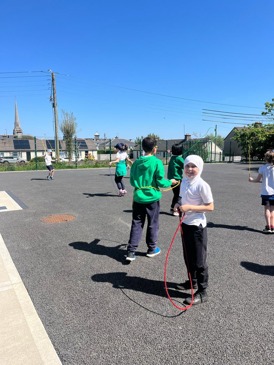 3rd and 4th class were outside enjoying the lovely hot weather today! ☀️ We did our 10 minutes of skipping and practiced our soccer skills ⚽️ #activeskippingchallenge <a href="/ActiveFlag/">Active School Flag</a>