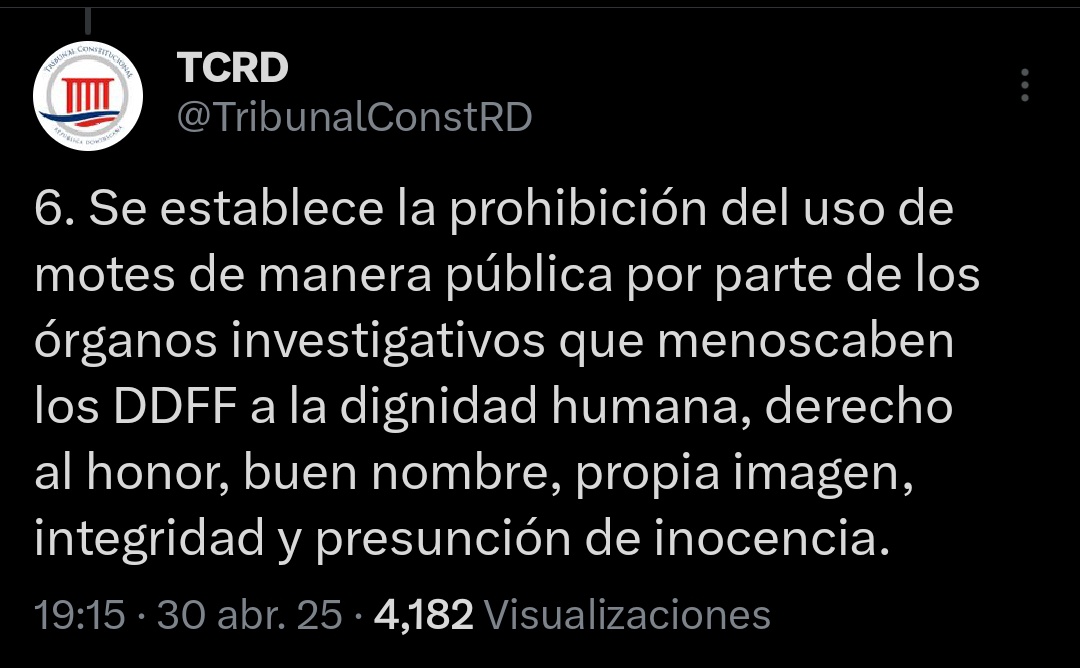 DiloneMedosSL's tweet photo. El Tribunal Constitucional a través de su Sentencia TC/0225/25 prohíbe el uso de motes en medios de comunicación y de manera pública durante el proceso penal implementados por el Ministerio Público.

#TC #MP #jueves #RT #DDFF #Justicia #Derecho 

https://t.co/90JPkQz7mC https://t.co/x2yg7eENdn