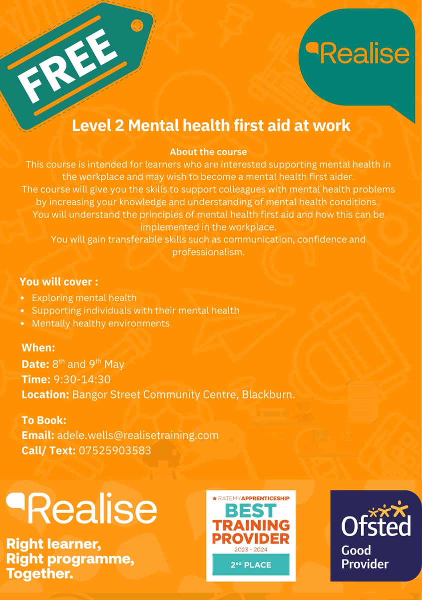 New course at Bangor Street

Level 2 Mental Health first aid at work.
Thursday May 8 &amp; Friday May 9 (9.30am-2.30pm)
To book call or text: 07525 903583