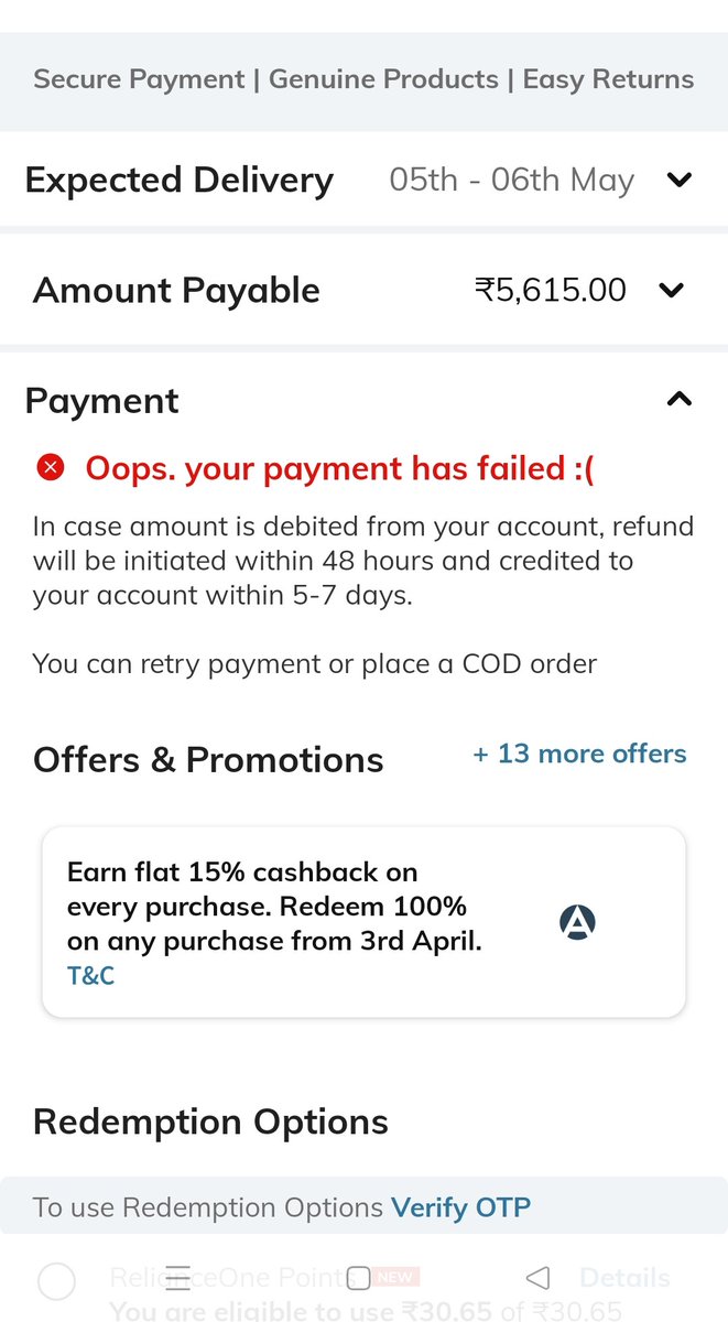 mflying79's tweet photo. @AjioCares getting this error during payment, irrespective of the mode of payment, even with different accounts https://t.co/9pxE3sxFvu