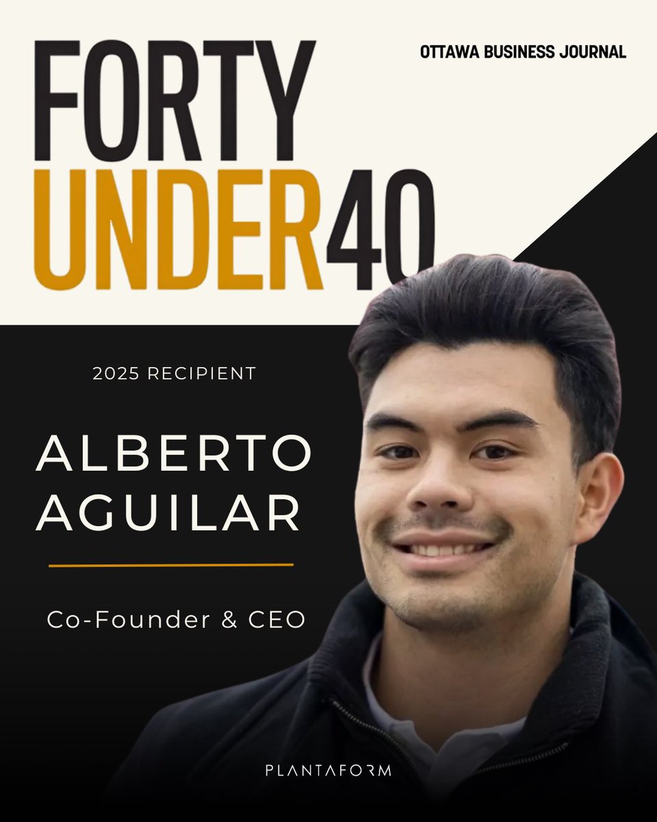 Plantaform (@plantaformca) on Twitter photo Congratulations to our Co-Founder and CEO, Alberto Aguilar, for being named a 2025 recipient in Ottawa’s Forty under 40! 💚
We are unbelievably proud!
Thank you <a href="/obj_news/">Ottawa Business Journal</a> for the recognition!
#Ott40 #Fortyunder40 #Entrepreneur Congratulations to our Co-Founder and CEO, Alberto Aguilar, for being named a 2025 recipient in Ottawa’s Forty under 40! 💚
We are unbelievably proud!
Thank you <a href="/obj_news/">Ottawa Business Journal</a> for the recognition!
#Ott40 #Fortyunder40 #Entrepreneur