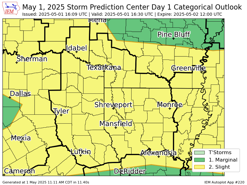 #SPC issues Day 1 Slight Convective Risk at May 1, 16:09z for SHV spc.noaa.gov/products/outlo…