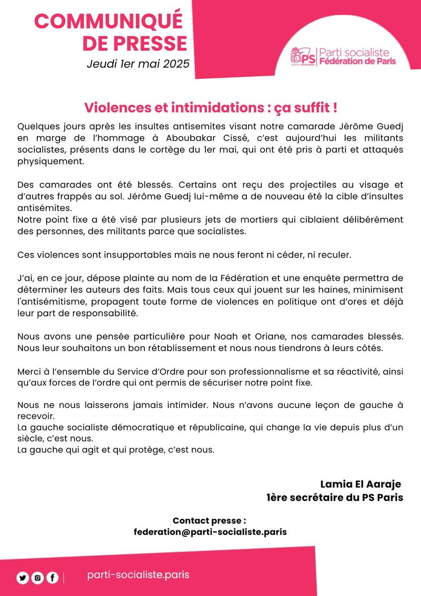 #1erMai #Manif1erMai « Violence et intimidations : ça suffit ! »
Notre communiqué de presse ⤵️
