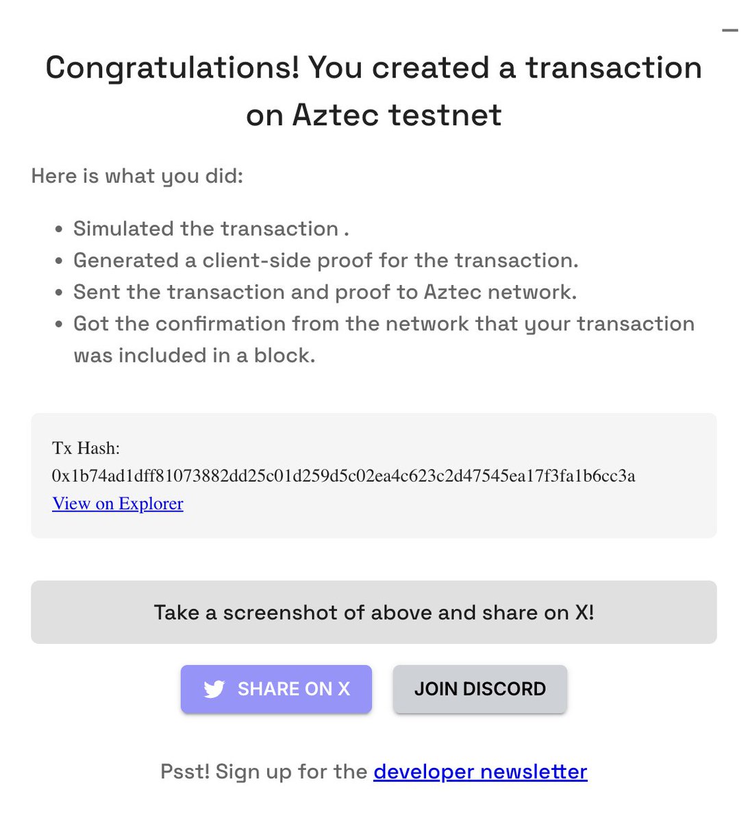 7ga1u0's tweet photo. I sent a private transaction on @aztecnetwork Public Testnet by generating a client-side proof.

Try it yourself with Aztec Playground: https://t.co/MrKJlYyM0k https://t.co/ltMQAi9Mfu