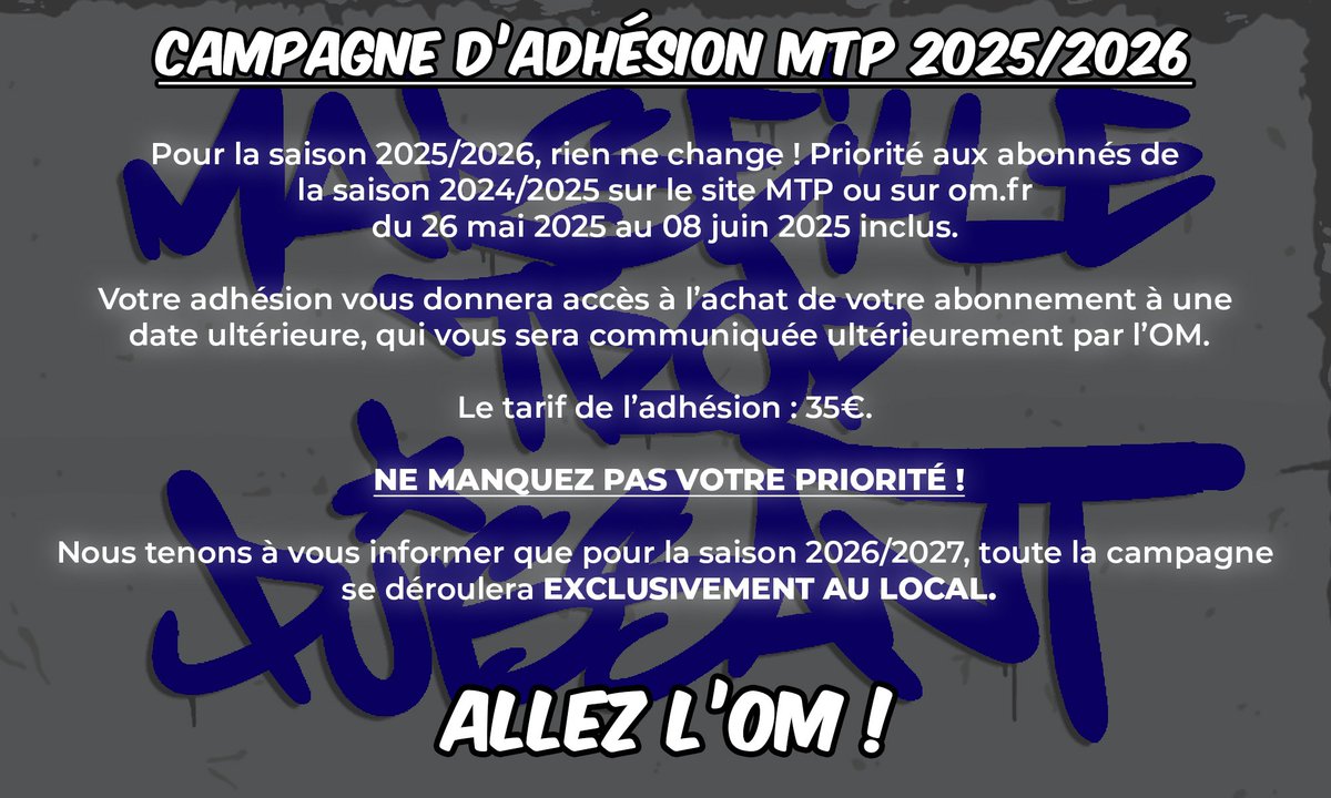 Toutes les informations nécessaires concernant la campagne d'adhésion 2025/2026 ! 

mtp-1994.com / om.fr

ALLEZ L’OM !