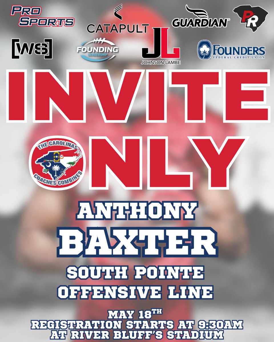 Carolinas Coaches Combine (@coachescombines) on Twitter photo Congratulations to Anthony Baxter from <a href="/FootballSPHS/">South Pointe Football</a> for being selected to attend the Invite-Only Event on May 18 at River Bluff High School! Registration begins at 9:30 AM!
#CCC2025 @johnsonlambe <a href="/SCFCA1/">SCFCA</a> <a href="/Abaxter2026/">Anthony Baxter</a> <a href="/southpointeFBSC/">Coach Bobby Collins</a> Congratulations to Anthony Baxter from <a href="/FootballSPHS/">South Pointe Football</a> for being selected to attend the Invite-Only Event on May 18 at River Bluff High School! Registration begins at 9:30 AM!
#CCC2025 @johnsonlambe <a href="/SCFCA1/">SCFCA</a> <a href="/Abaxter2026/">Anthony Baxter</a> <a href="/southpointeFBSC/">Coach Bobby Collins</a>