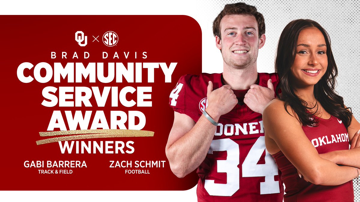 Oklahoma Sooners (@ou_athletics) on Twitter photo Congratulations to our <a href="/SEC/">Southeastern Conference</a> Brad Davis Community Service award winners!
👟 <a href="/OU_Track/">Oklahoma T&F & XC</a> » Gabi Barrera
🏈 <a href="/OU_Football/">Oklahoma Football</a> » Zach Schmit
📰 ouath.at/3EHwdtt | #BoomerSooner☝️ Congratulations to our <a href="/SEC/">Southeastern Conference</a> Brad Davis Community Service award winners!
👟 <a href="/OU_Track/">Oklahoma T&F & XC</a> » Gabi Barrera
🏈 <a href="/OU_Football/">Oklahoma Football</a> » Zach Schmit
📰 ouath.at/3EHwdtt | #BoomerSooner☝️