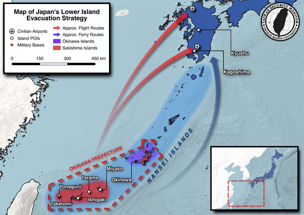 TaiwanMonitor's tweet image. In March, the Japanese government announced plans to evacuate up to 120,000 civilians from the Sakishima Islands, part of Okinawa Prefecture, in the event of a Taiwan contingency. 

Below is TSM's visualization of those plans, showing the impacted islands and evacuation routes.…