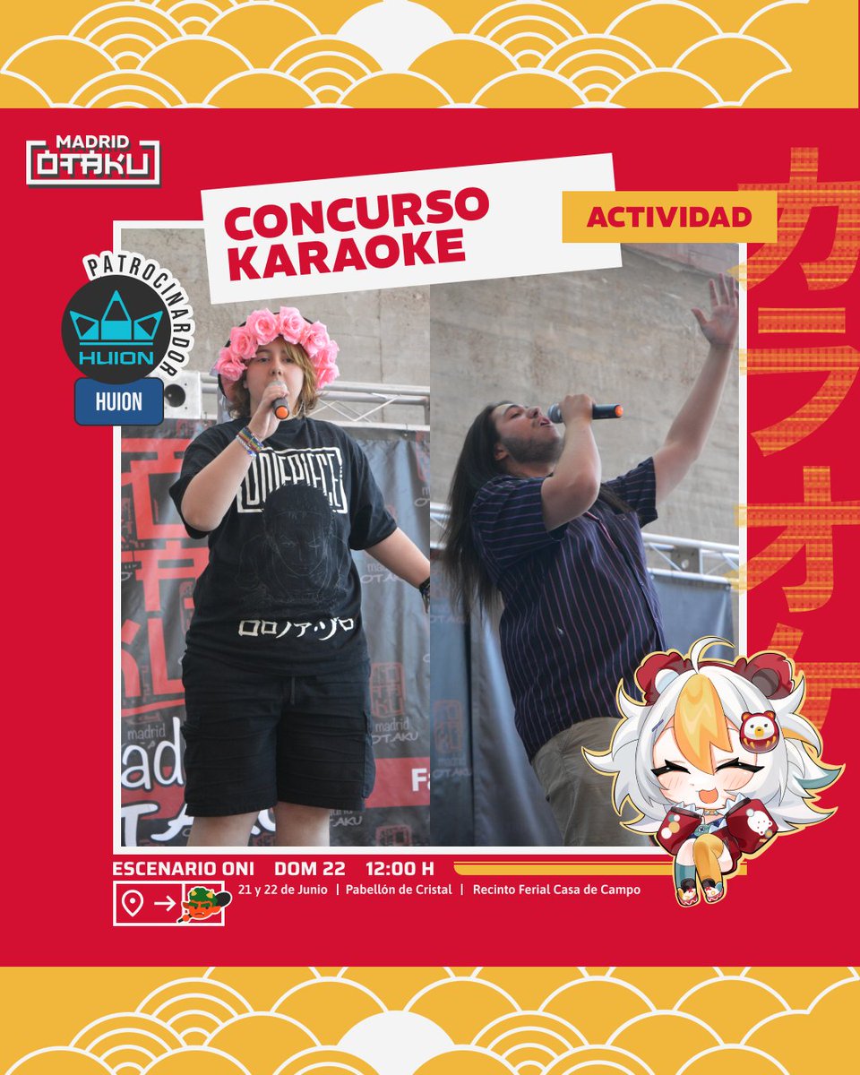 madridotaku's tweet image. ¡Ya está aquí el Concurso de Karaoke 2025! 🎤

Domingo 22 • 12:00h • Escenario principal

🏆 Patrocinador principal de la mano de @huiontableta

- Primer premio Individual: Trofeo + Inspiroy 2 S por HUION

📌 Bases e inscripción:
madridotaku.com/madridotaku202…

💻 Diseño del cartel:…