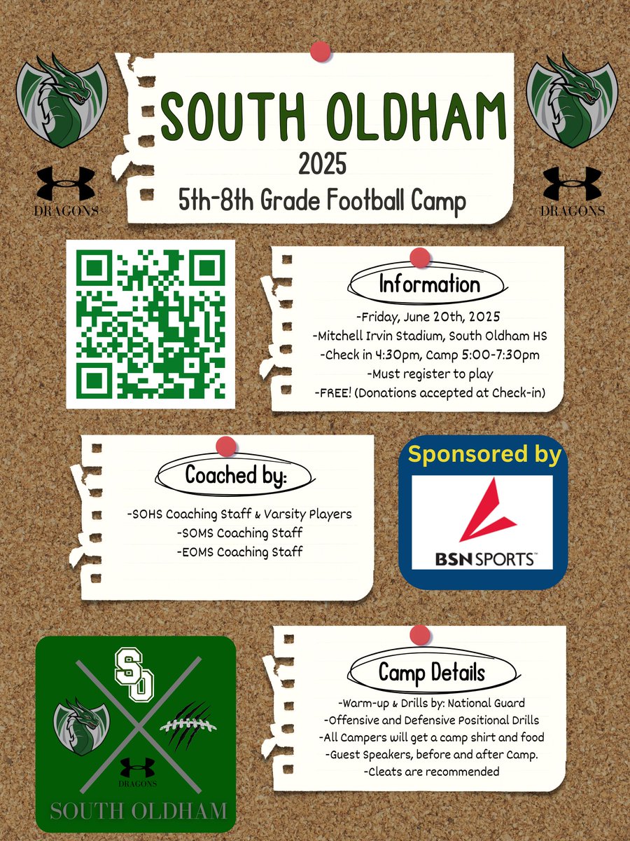 CoachSamsFB (@cainsams) on Twitter photo 5th-8th grade Football Camp! Get those kids signed up for a great night of Football at <a href="/SOHighFootball/">SouthOldhamFootball</a> <a href="/SOHSDragons/">South Oldham Dragons</a>. Free to participate, campers get a t-shirt and food! <a href="/OldhamEraSports/">Oldham Era Sports</a> <a href="/OldhamCoSchools/">OldhamCo Schools</a>
forms.gle/YR6UGz3fKBLXfF… 5th-8th grade Football Camp! Get those kids signed up for a great night of Football at <a href="/SOHighFootball/">SouthOldhamFootball</a> <a href="/SOHSDragons/">South Oldham Dragons</a>. Free to participate, campers get a t-shirt and food! <a href="/OldhamEraSports/">Oldham Era Sports</a> <a href="/OldhamCoSchools/">OldhamCo Schools</a>
forms.gle/YR6UGz3fKBLXfF…