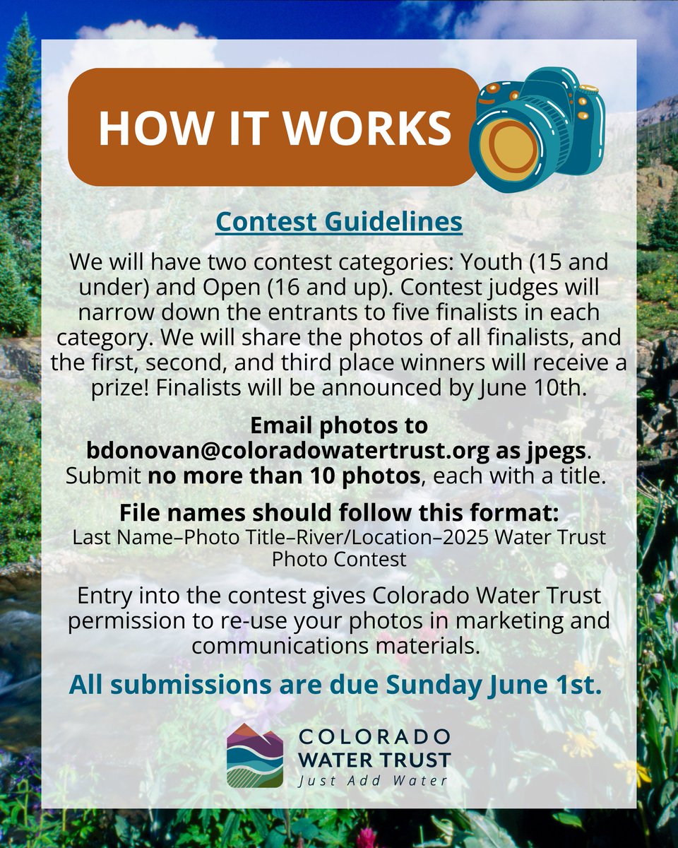 Announcing the 2025 Colorado Water Trust photo contest! Submit your favorite river photos that show us what Colorado's rivers mean to you. Submissions are due June 1st. Click the link below to learn more. We can't wait to see your photos!

coloradowatertrust.org/announcing-the…