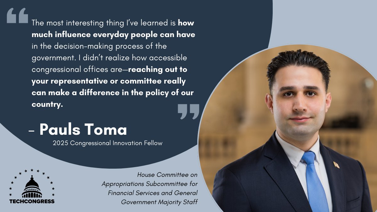 💡 Pauls connects his credentials in both computer science and law to bring his technical expertise to the legal profession. He supports his committee on #blockchain, #AI, and other #tech policy issues. 

Read more: techcongress.io/blog/2025-plac…