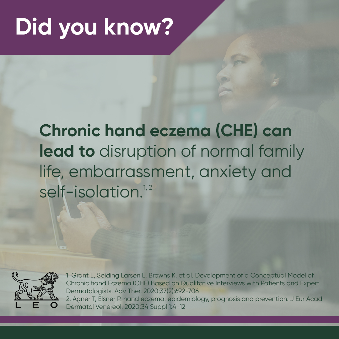 For people with #ChronicHandEczema (CHE), symptoms do not only cause physical discomfort but can also have a considerable psychological impact.

At #LEOPharma, we are committed to making a fundamental difference in the standard of care for those living with chronic skin disease.