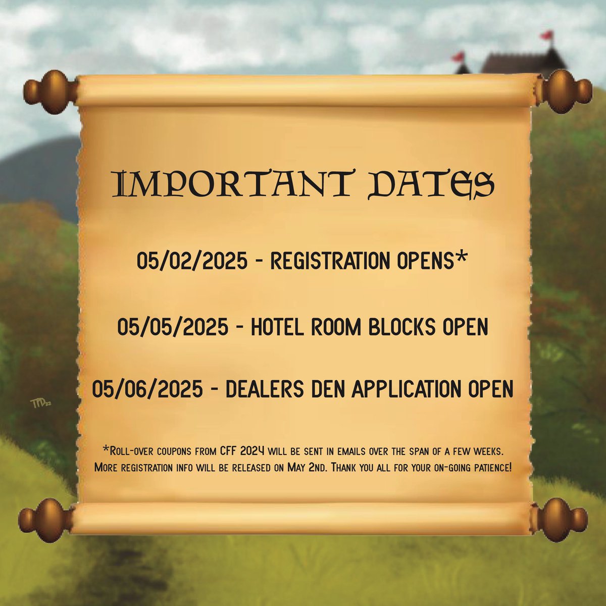 Hear ye, hear ye! Gather 'round noble furs, for the grand event of Carolina Furfare is upon us! 🏰 

Ready thy spirits for some important dates! Tomorrow, May 2nd, tickets will go on sale, May 5th hotel blocks will open, and May 6th the Dealer Applications will be posted!