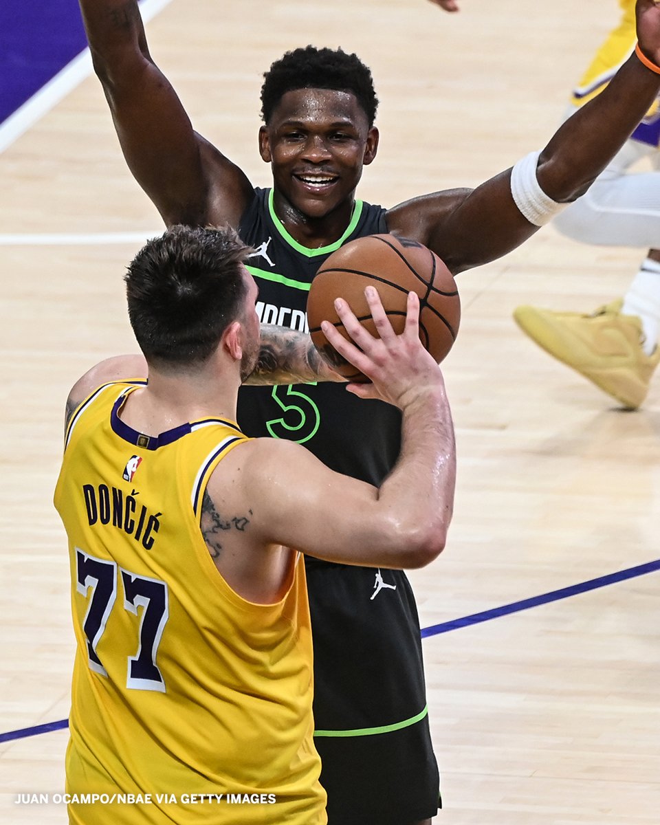 SportsCenter's tweet photo. This photo of Ant casually smiling while guarding Luka 😀

(📸: Juan Ocampo/NBAE via Getty Images) https://t.co/jF3hAAVie0