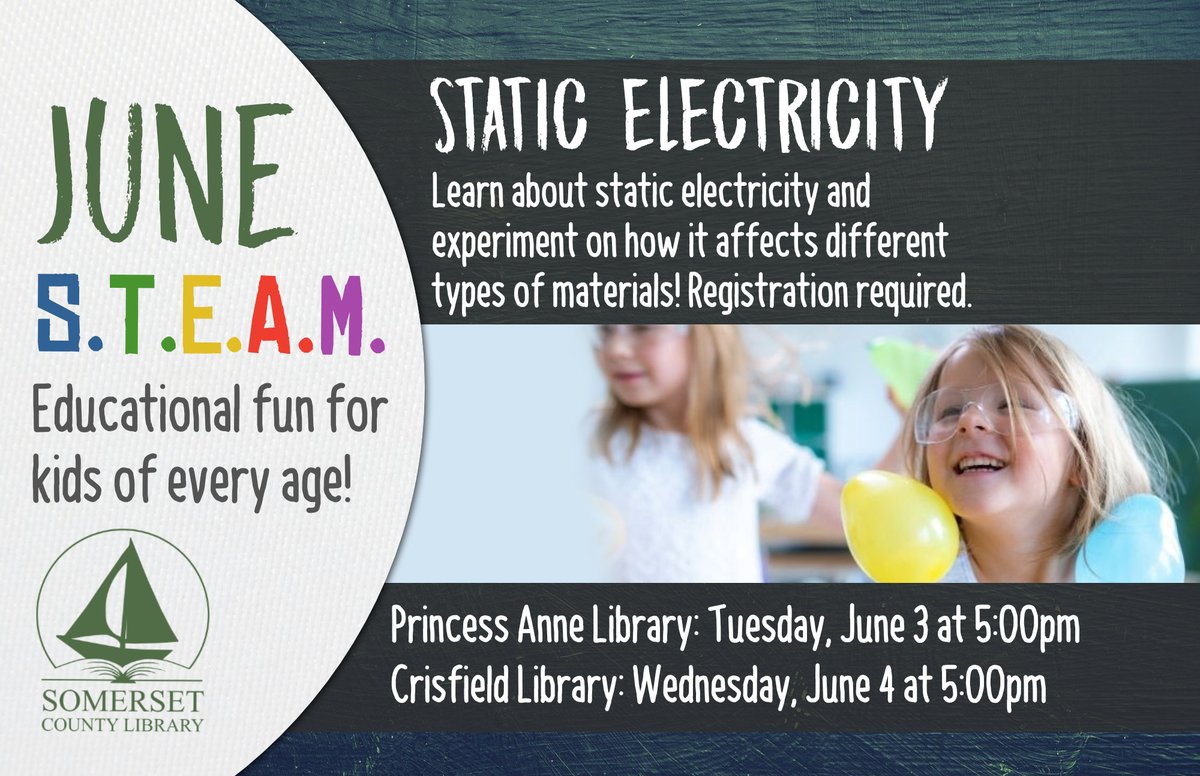 SomersetCounty1's tweet image. 💥 Learn about static electricity! For kids of all ages, registration required, call or stop by to sign up. ⚙️
Crisfield Library: 410-968-0955
Princess Anne: 410-651-0852
#stem #librarystem