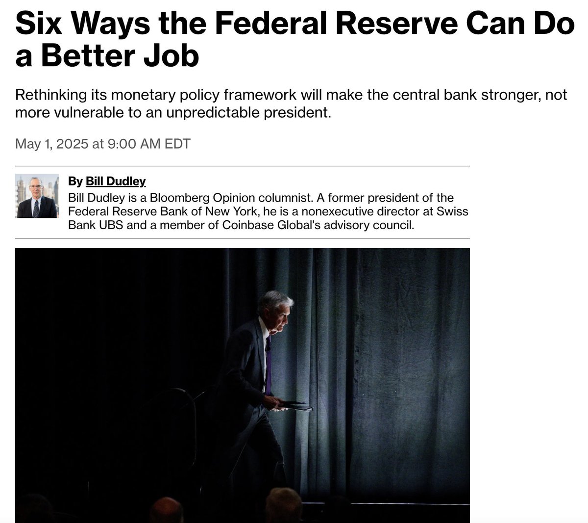 Former NY Fed President Bill Dudley lays out why the Fed should KEEP the 2% inflation target:
 
"I agree with Powell that the Fed shouldn’t consider increasing its 2% inflation target. Such a move could undermine the Fed’s credibility and unanchor inflation expectations.