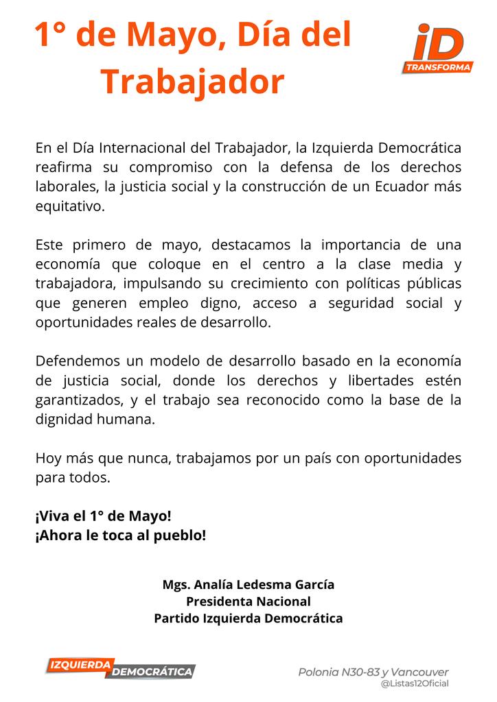 Nuestro saludo a los trabajadores manuales e intelectuales del #Ecuador y del mundo.
Creemos en una economía de justicia social, con oportunidades, derechos y libertad.

¡Ahora le toca al pueblo!
#1DeMayo #JusticiaSocial #libertad #IzquierdaDemocrática